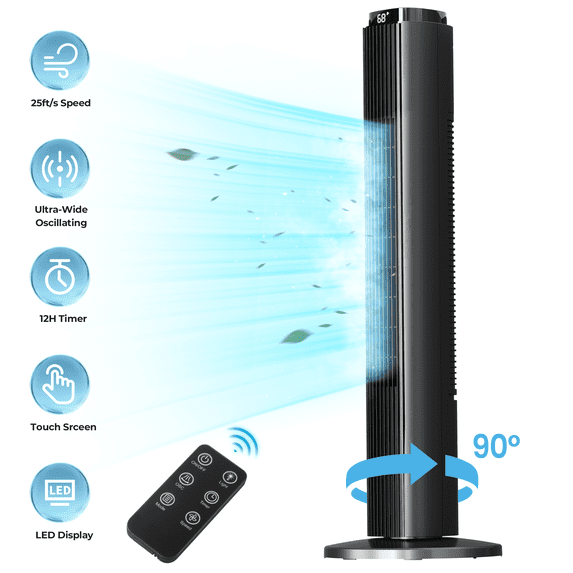 KISSAIR 35" Tower Fan with Remote, 3 Speeds, 4 Modes, LED Display, 12H Timer, 85° Oscillating, Bladeless Quiet Fan for Bedroom, Home & Office, Black
