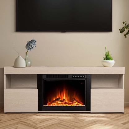 KISSAIR 60'' Freestanding Electric Fireplace with Log Insert, Remote Control, Walnut Mantel, Adjustable 3D Flame for Rooms up to 400 Sq. Ft., Large Storage for Home/Living Room - LIGHTOAK
