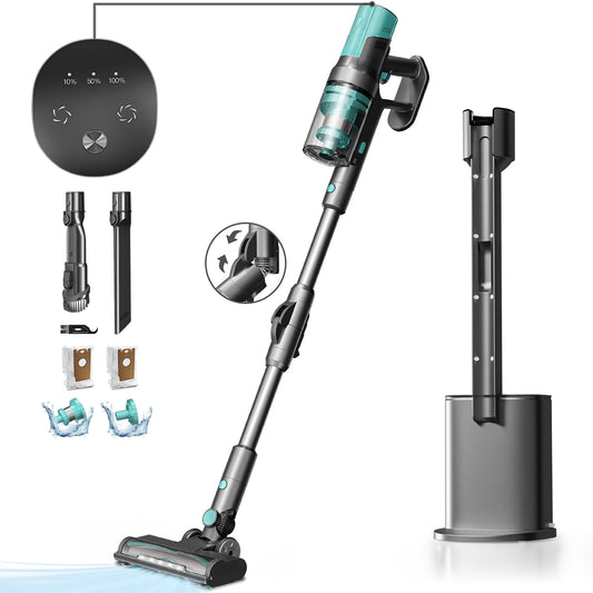 KISSAIR Clean & Empty Cordless Stick Vacuum – Lightweight Cordless with HEPA Filter, Portable, Rechargeable, Auto-Empty System, Stick Vacuum for Pet Hair, Carpets & Hardfloor, Tiffany Green