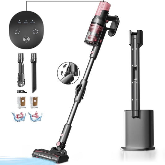 KISSAIR Clean & Empty Cordless Stick Vacuum – Lightweight Cordless with HEPA Filter, Portable, Rechargeable, Auto-Empty System, Stick Vacuum for Pet Hair, Carpets & Hardfloor, Pink