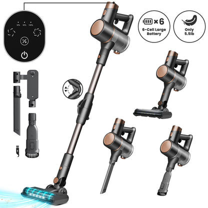 KISSAIR Cordless Vacuum Cleaner rechargeable 50min 2200mah Lightweight Led Display Screen Stick Vacuum Cleaners for Home Hardwood Floor Carpet Pet Hair, Grey