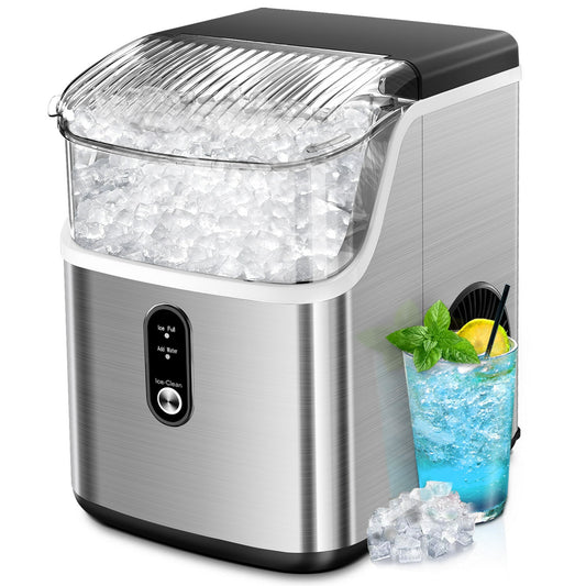 KISSAIR Nugget Ice Maker Countertop, 33lbs/24H, Self-Cleaning Function, Stainless Steel, Portable Sonic Ice Machine for Kitchen/Office, Silver