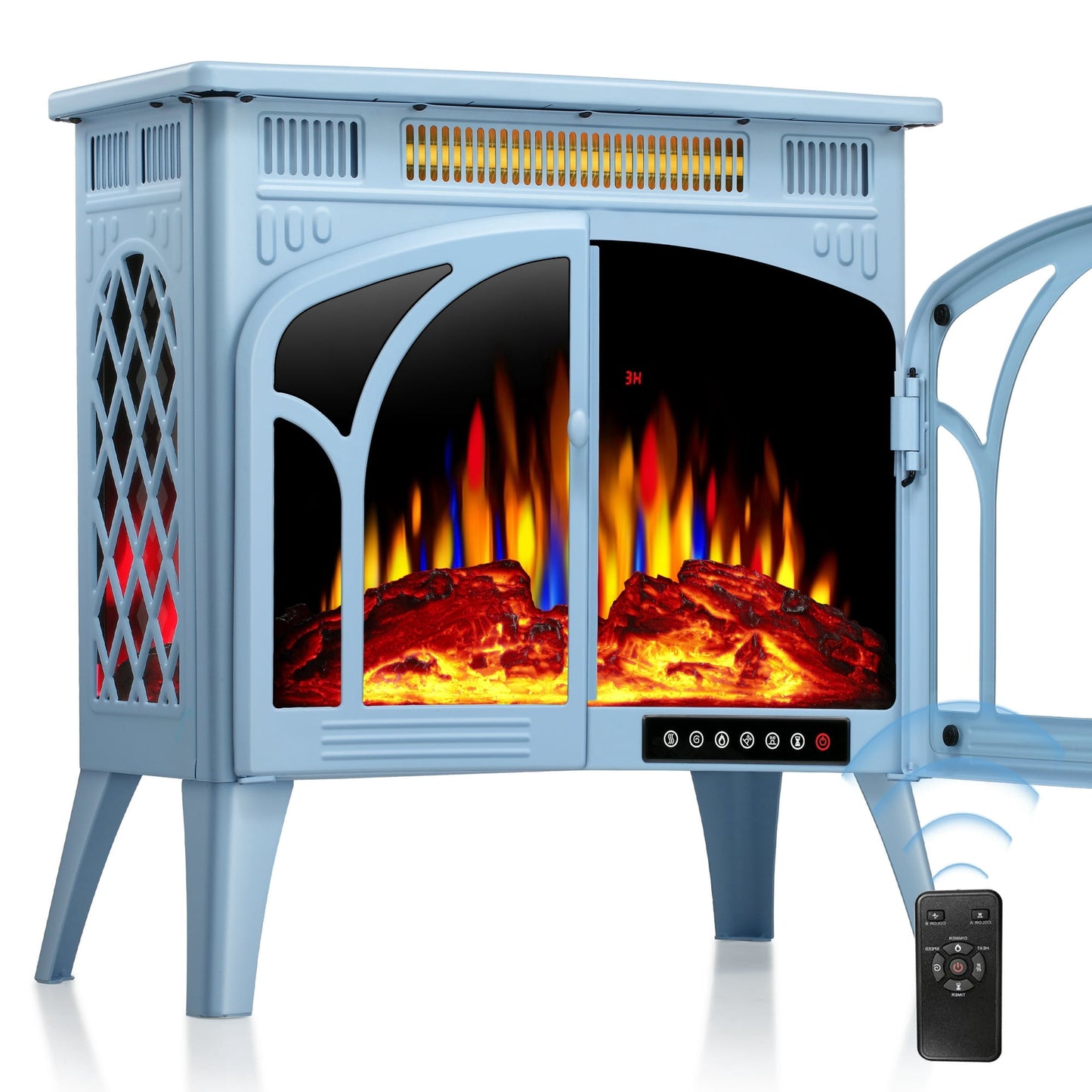 KISSAIR Electric Fireplace Heater 25’’ with 3D Realistic Flame Effect, Freestanding Fireplace with Remote Control, 500W/1500W,- BLUE