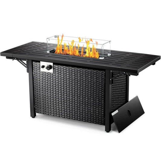 KISSAIR Fire Pit -55 Inch Fire Pits for Outside 50,000 BTU Fire Table Outdoor Gas Fire Pit with Lid, Rain Cover, Tempered Glass Wind Guard for Outside Garden Backyard, Rattan (Black)