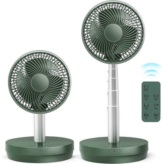 KISSAIR Foldable Pedestal Fan - Rechargeable, 10 Speeds, Remote Control - Home, Bedroom, Office - Green