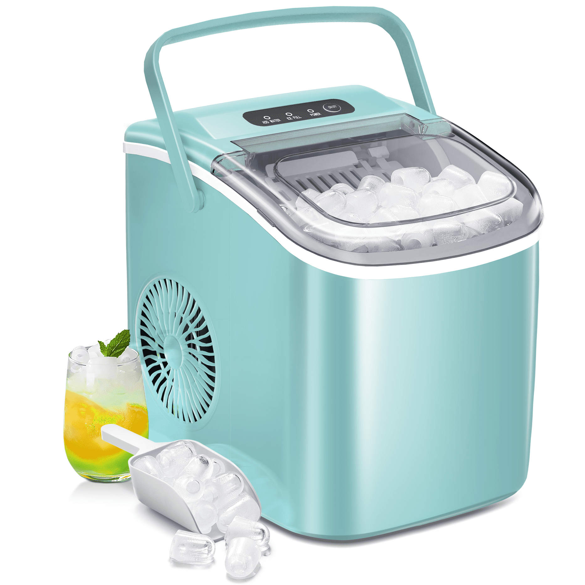 KISSAIR Portable Ice Maker Countertop, 9Pcs/8Mins, 26lbs/24H, Self-Cleaning  Ice Machine with Handle for Kitchen/Office/Bar/Party, Green