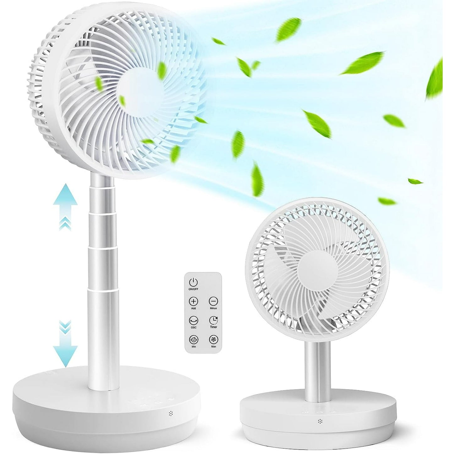 KISSAIR Portable Foldable Pedestal Fan- Rechargeable Battery Folding Standing Table Fan with 10 Speeds with Remote Control for Home Bedroom Office, White