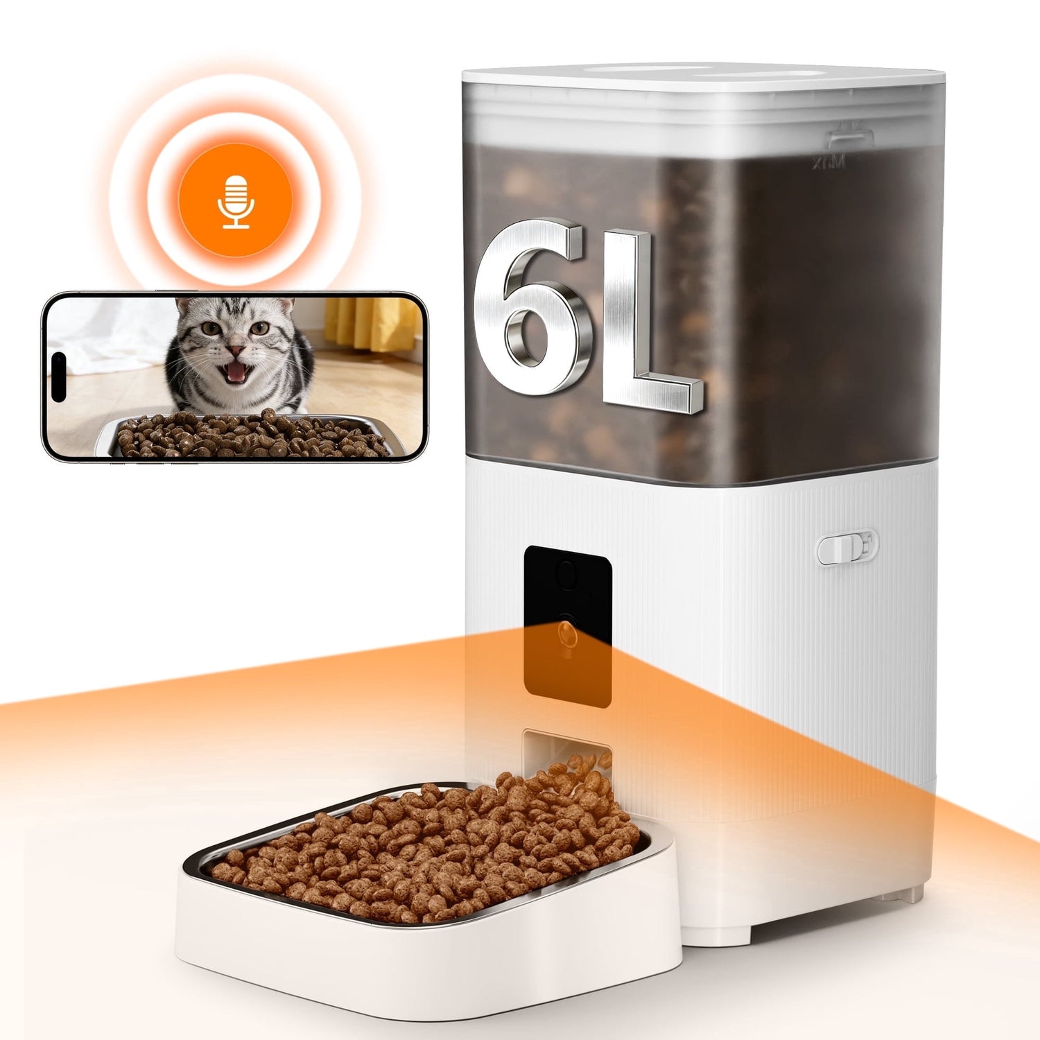 KISSAIR APP Remote Control Automatic Cat Feeder with HD Camera, 2.4G WiFi, 6L/25 Cups Pet Feeder with 304 Stainless Steel Bowl, Dual Power Supply, 2-Way Audio