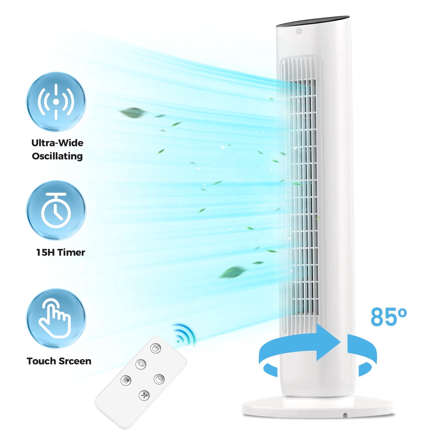 KISSAIR 30" Tower Fan with Remote, 3 Speeds, 2 Modes, LED Display, 15H Timer, 85° Oscillating, Bladeless Quiet Fan for Bedroom, Home & Office, White