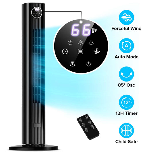 KISSAIR 35" Bladeless Tower Fan, Quiet Oscillating Fan with Remote, 4 Modes & 3 Speeds, 12H Timer, LED Display, Safe for Kids & Pets, Ideal for Bedroom & Home (Black)