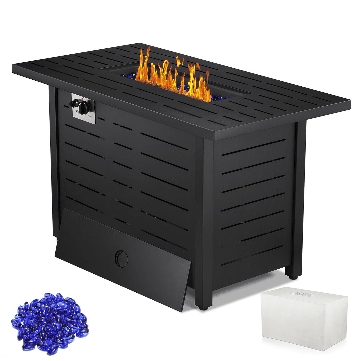 KISSAIR Propane Fire Pit,33 Inch,50,000 BTU,Rain Cover, Tempered Glass Wind Guard,Black
