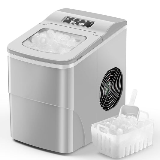 LHRIVER Countertop Ice Maker 26lbs, 9Pcs/6Mins, 2 Sizes of Bullet-Shaped with Scoop & Basket, Grey