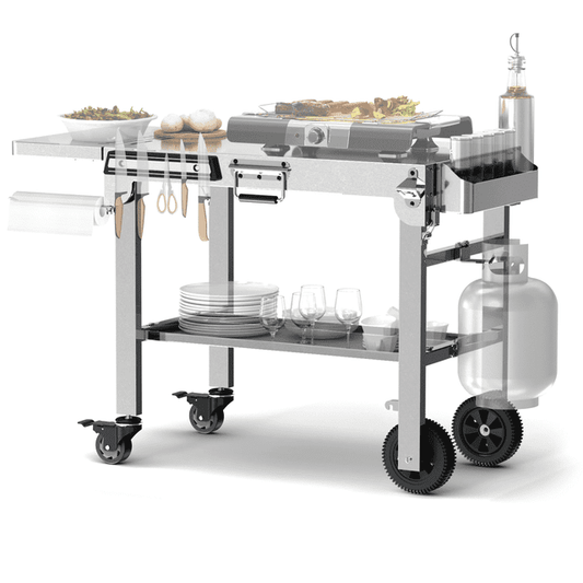 LHRIVER Folding Outdoor Grill Cart, Stainless Steel Portable BBQ Dining Table with Double-Shelf, Mobile Multifunctional Food Prep Station
