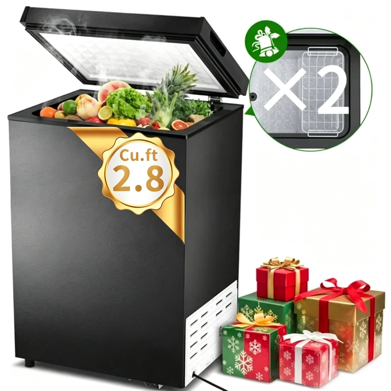 LHRIVER Mini Freezer Chest 2.8 cu ft, Deep Freezer & Side Handle, Compact Freezer with 7 Gear Adjustable Temperature, Removable Storage Basket, Black