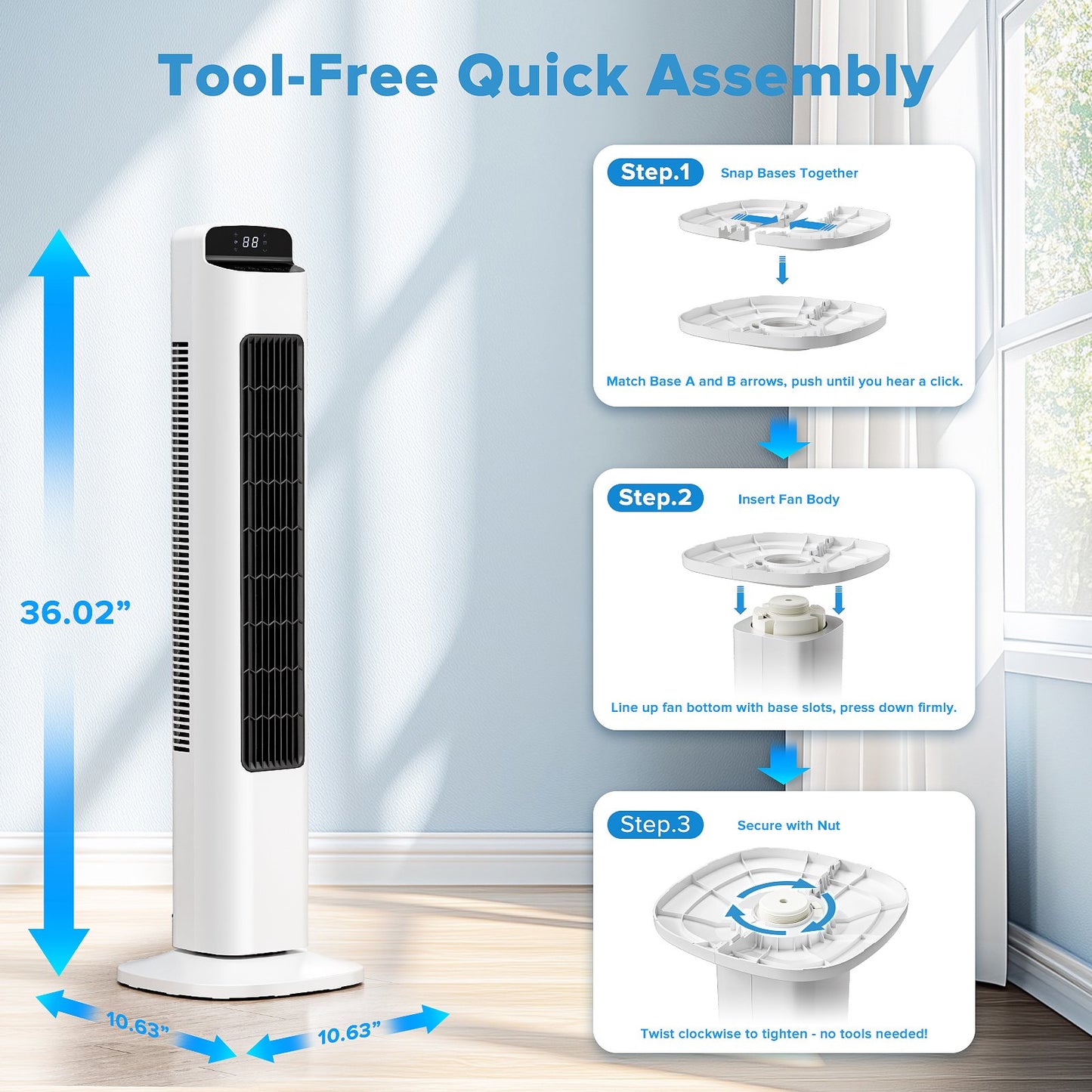 KISSAIR Ultra Quiet Tower Fan, 36 Inch Oscillating Fan with Remote Control, 5 Speed & 3 Modes, 12H Timer, 80° Wide-Angle Cooling for Large Bedroom, Office, Home - Easy Assembly, White
