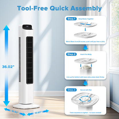 KISSAIR Ultra Quiet Tower Fan, 36 Inch Oscillating Fan with Remote Control, 5 Speed & 3 Modes, 12H Timer, 80° Wide-Angle Cooling for Large Bedroom, Office, Home - Easy Assembly, White