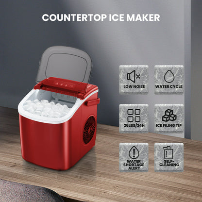 KISSAIR Portable Ice Maker Countertop, 9Pcs/8Mins, 26lbs/24H, Self-Cleaning Ice Machine with Handle for Kitchen/Office/Bar/Party, Red