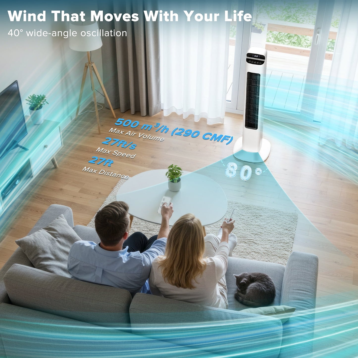 KISSAIR Ultra Quiet Tower Fan, 36 Inch Oscillating Fan with Remote Control, 5 Speed & 3 Modes, 12H Timer, 80° Wide-Angle Cooling for Large Bedroom, Office, Home - Easy Assembly, White