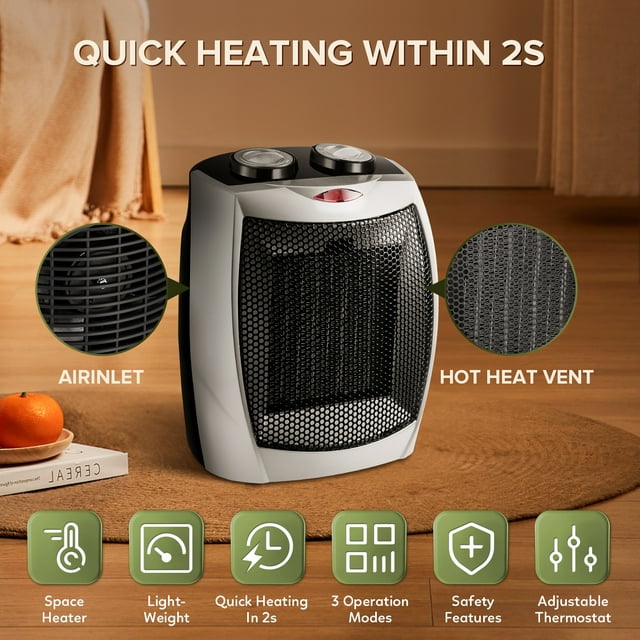 KISSAIR Compact 1500W/750W Space Heater with Thermostat - ETL Certified Ceramic Portable Heater Fan, Ideal for Home/Dorm/Office/Kitchen, Silver