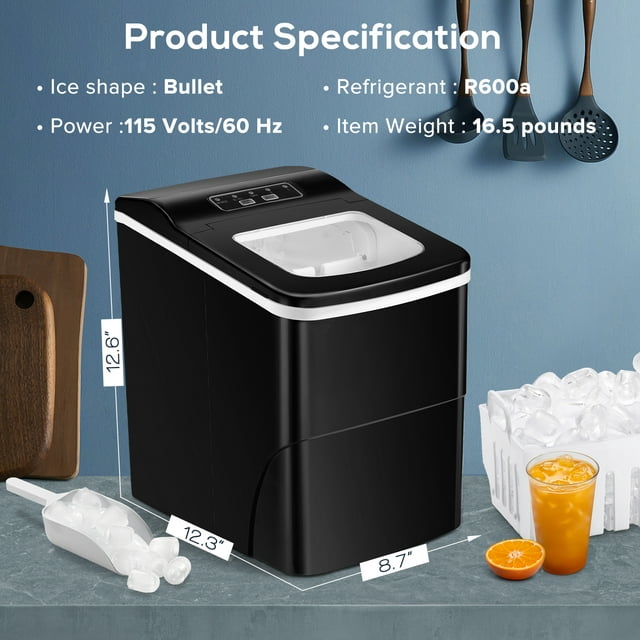 KISSAIR Countertop Ice Makers, 9 Pcs/6-8 Mins, 26Lbs/Day, Portable Ice Machine with Self-Cleaning, S/L Cubes Size, Suitable for Home/Bar/Office/Party, Black