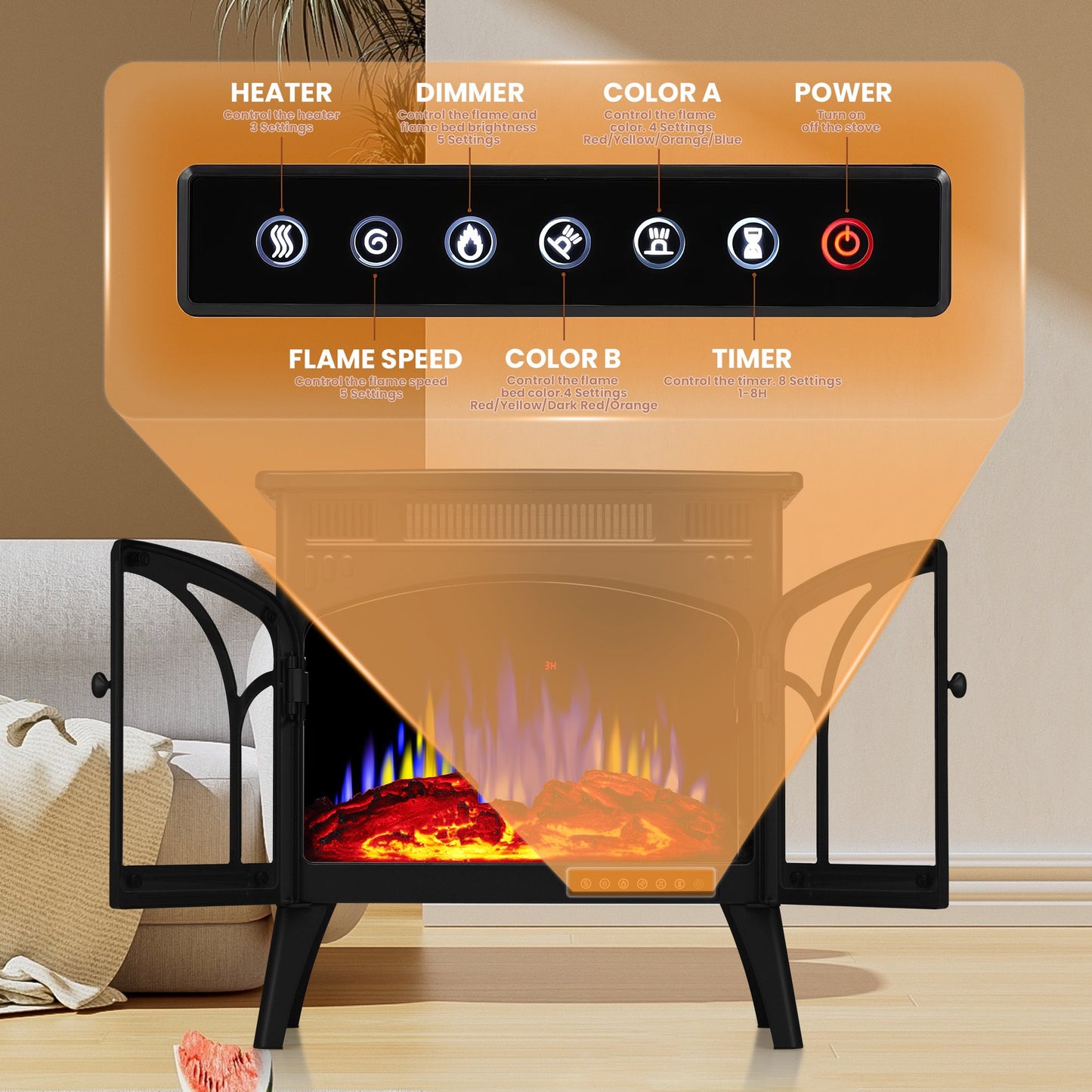 KISSAIR 25'' Electric Fireplace Heater, Overheat Protection Design, 3D Realistic Flame Effect, Independent Remote Control Fireplace, 500W/1500W, BLACK