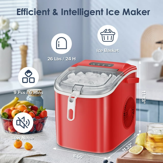 KISSAIR Countertop Ice Maker Portable Ice Machine with Handle,  Self-Cleaning Ice Makers, 26Lbs/24H, 9 Ice Cubes Ready in 6 Mins for Home  Kitchen Bar Party Red 