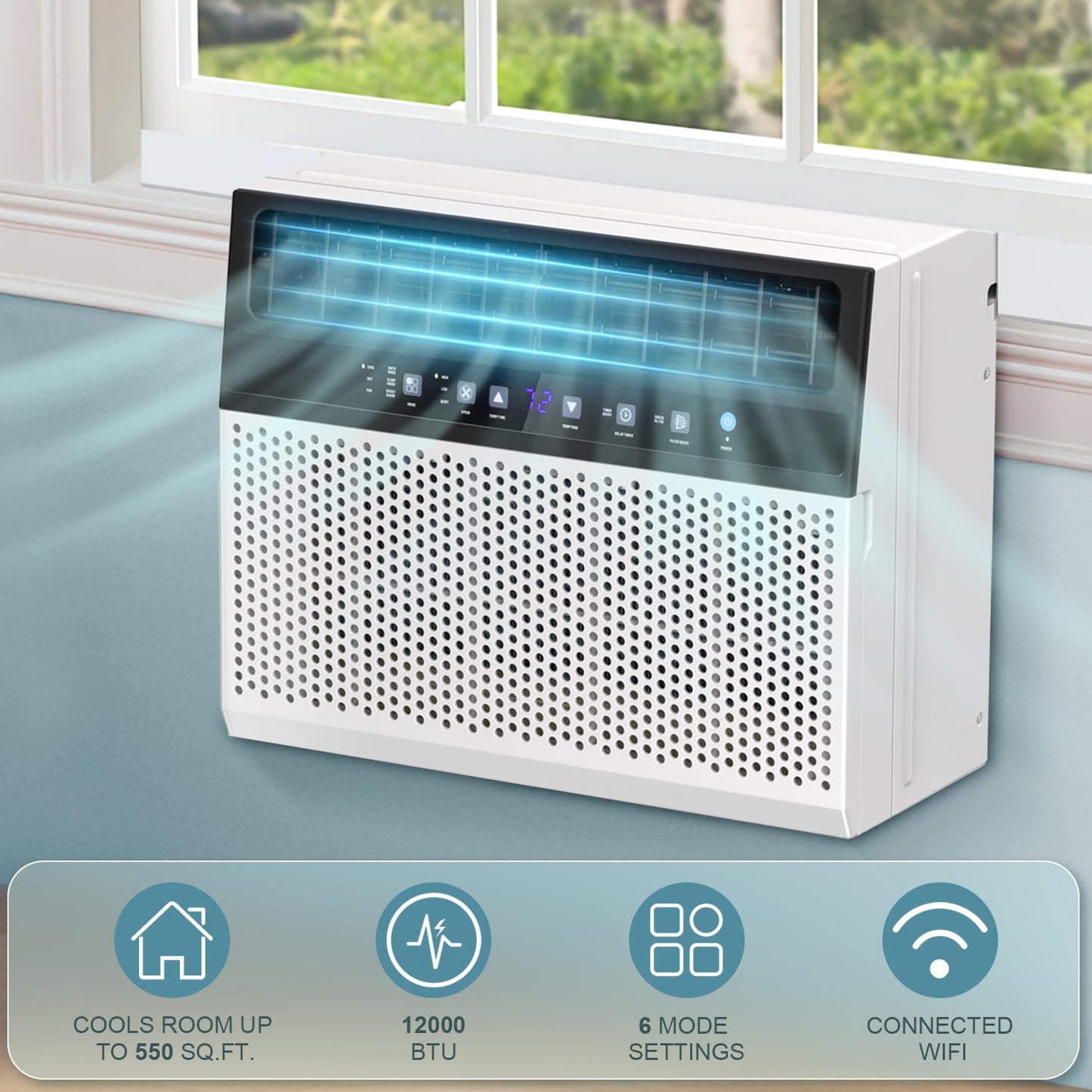 KISSAIR 12,000 BTU U Shaped Window Air Conditioner 6-in-1 Mode with Remote Control 24-Hour Timing for Room/Office/Apartment Cools up to 550 Sq.ft