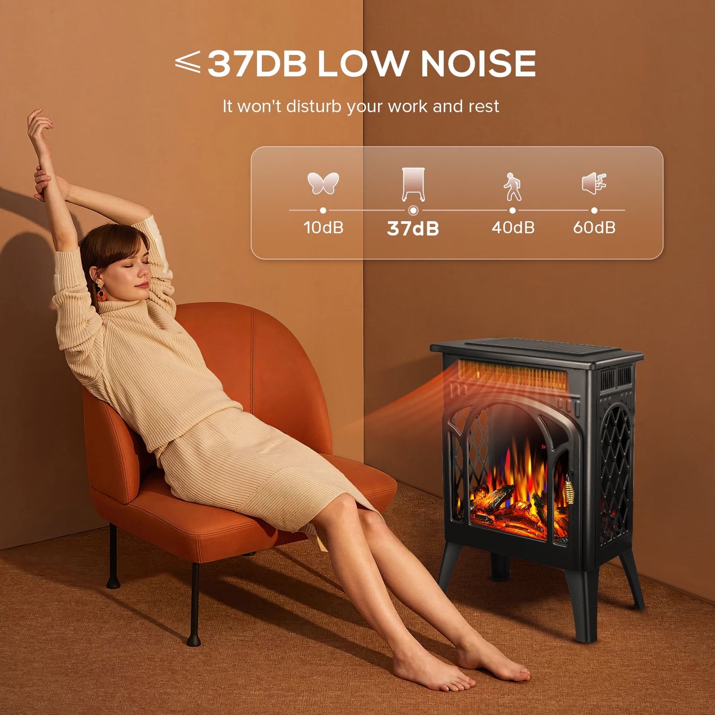 KISSAIR All-metal Electric Fireplace Heater 16", Frame Freestanding Stove, 3D Flame, Remote Control, 500W/1500W, Black
