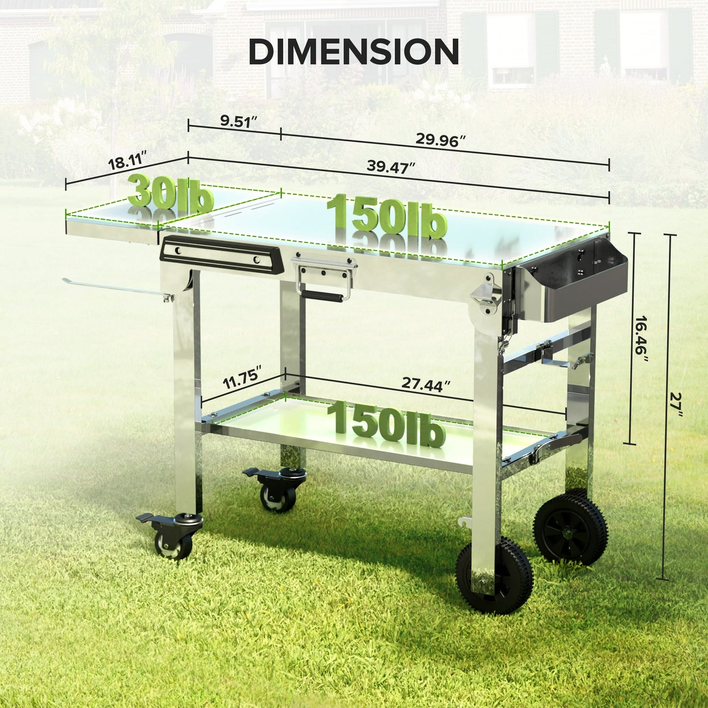 LHRIVER Folding Outdoor Grill Cart, Stainless Steel Portable BBQ Dining Table with Double-Shelf, Mobile Multifunctional Food Prep Station