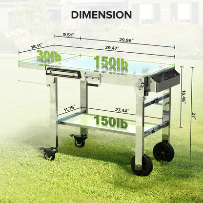 LHRIVER Folding Outdoor Grill Cart, Stainless Steel Portable BBQ Dining Table with Double-Shelf, Mobile Multifunctional Food Prep Station