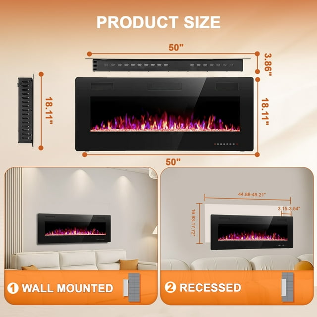 KISSAIR 50’’ 1500W Wall Mounted Recessed Electric Fireplace,12 Flame Color Modes,Touch Screen & Remote Control,Ultra Thin & Low Noise