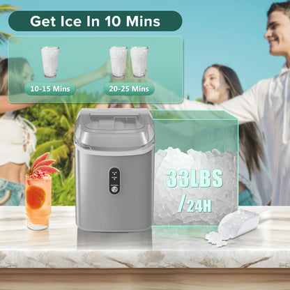 KISSAIR Nugget Ice Maker Countertop with Soft Chewable Pellet Ice, Portable Ice Machine with Handle, 34lbs/24H, One-Click Operation for Home/Party (Grey)