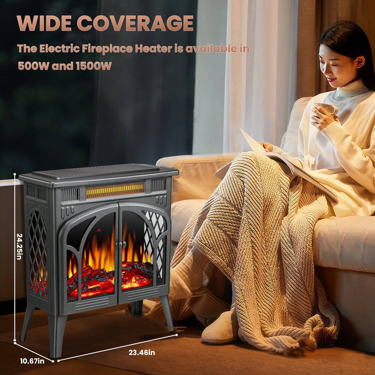 KISSAIR 25'' Electric Fireplace Heater, Overheat Protection Design, 3D Realistic Flame Effect, Independent Remote Control Fireplace, 500W/1500W, GREY