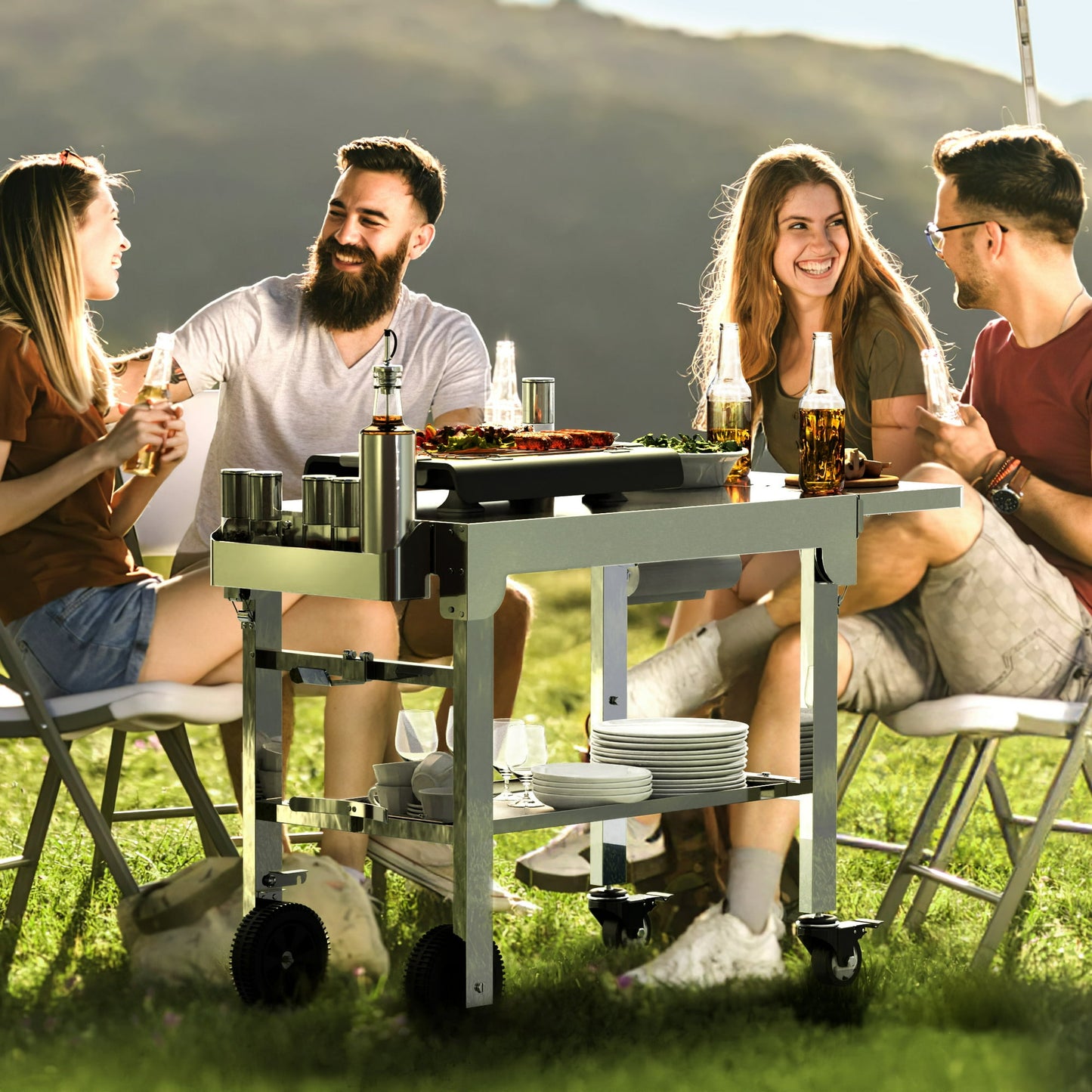 LHRIVER Folding Outdoor Grill Cart, Stainless Steel Portable BBQ Dining Table with Double-Shelf, Mobile Multifunctional Food Prep Station