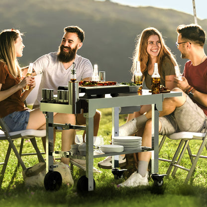 LHRIVER Folding Outdoor Grill Cart, Stainless Steel Portable BBQ Dining Table with Double-Shelf, Mobile Multifunctional Food Prep Station