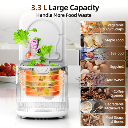 Kissair Smart Electric Composter for Kitchen, 3.3L Large Capacity Odorless Quiet Indoor Compost Bin 3-5 Hours Food Waste Composting for Gardening