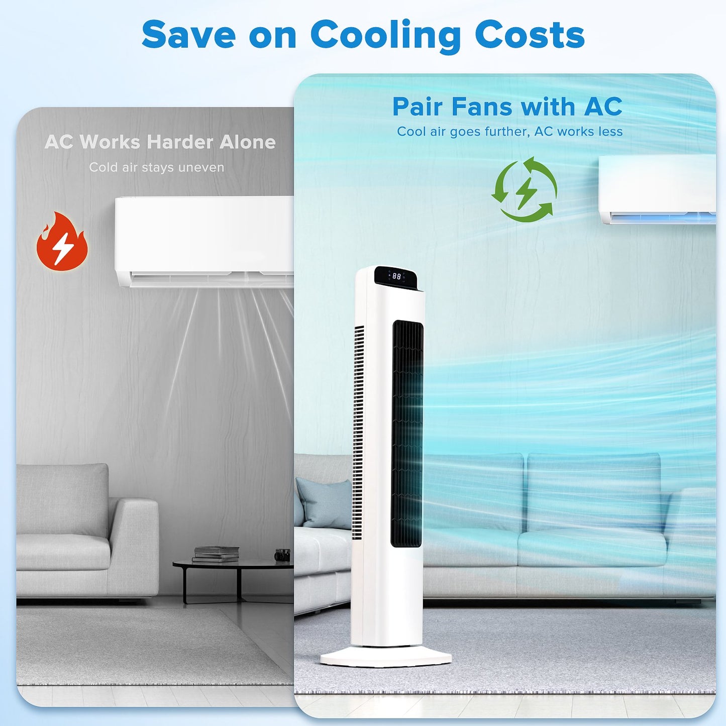 KISSAIR Ultra Quiet Tower Fan, 36 Inch Oscillating Fan with Remote Control, 5 Speed & 3 Modes, 12H Timer, 80° Wide-Angle Cooling for Large Bedroom, Office, Home - Easy Assembly, White