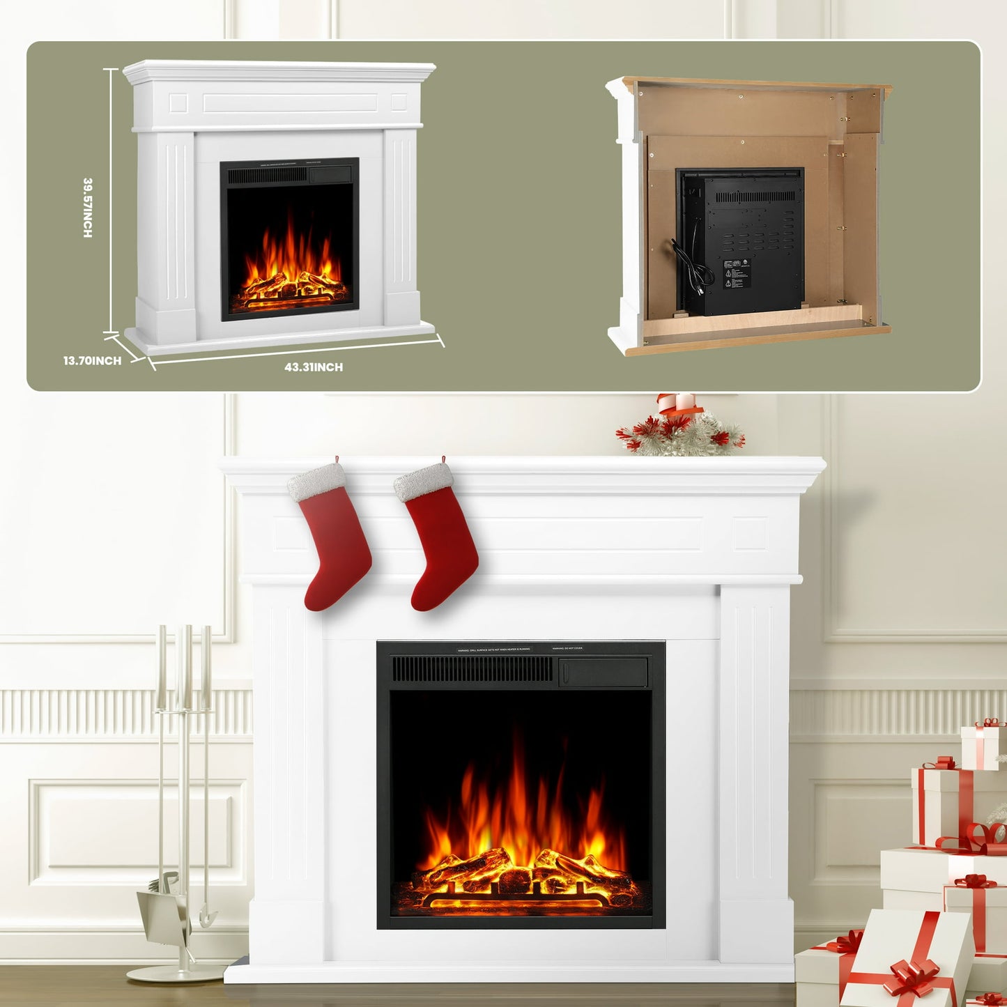 KISSAIR Electric Fireplace Mantel Package Wooden Surround Firebox Electric Fireplace Heater with Logs, Adjustable Led Flame, Remote Control, 750W-1500W, White