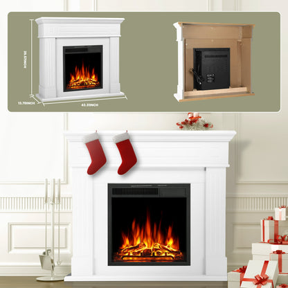 KISSAIR Electric Fireplace Mantel Package Wooden Surround Firebox Electric Fireplace Heater with Logs, Adjustable Led Flame, Remote Control, 750W-1500W, White