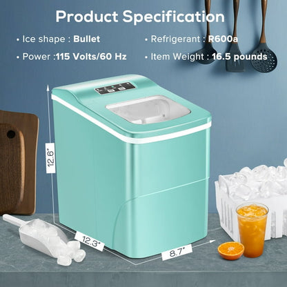 KISSAIR Countertop Ice Makers, 9 Pcs/6 Mins, 26Lbs/Day, Portable Ice Machine with Self-Cleaning, S/L Cubes Size, Suitable for Home/Bar/Office/Party, Green