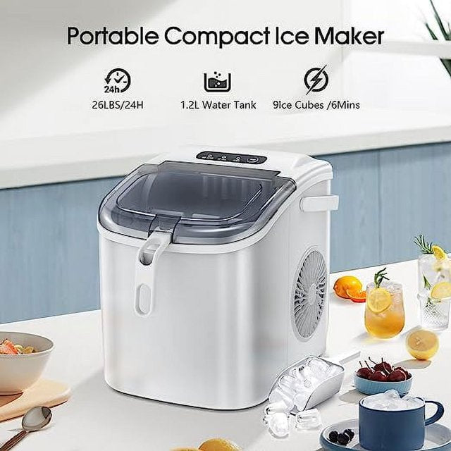 KISSAIR Portable Ice Maker Machine with Handle,26Lbs/24H,bullet-shaped ice cubes