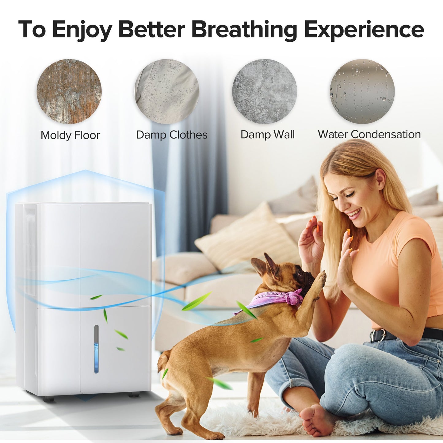 KISSAIR 102 Pints Dehumidifier for Home, 1.7 Gal Water Tank Dehumidifier for Basement, Smart Humidity Control & Monitor, 4 Operation Modes, 24H Timer, Auto Defrost