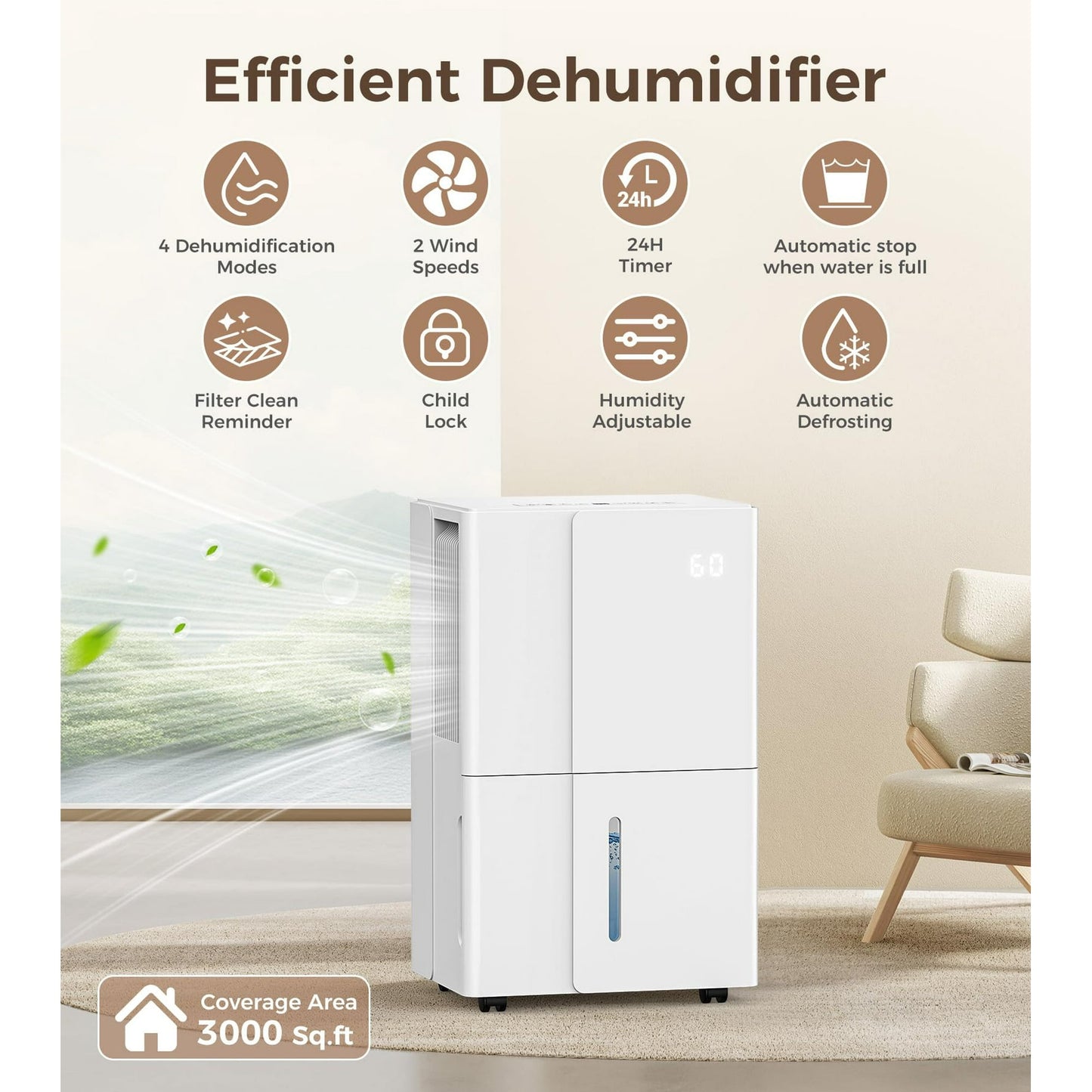 KISSAIR 22 Pint Home Dehumidifier with Drain Hose, 2100 sq ft Coverage Area with Auto Defrost, Energy Star, 24h Timer, Basement/Laundry Room/Bedroom