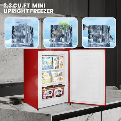 KISSAIR 2.3 Cu.ft Single Door Mini Freezer, Upright Compact Freezer with Retro Handle & Removable Shelf & Adjustable Temperature Control, Low Noise for Home/Office/Dorm/Apt-Red
