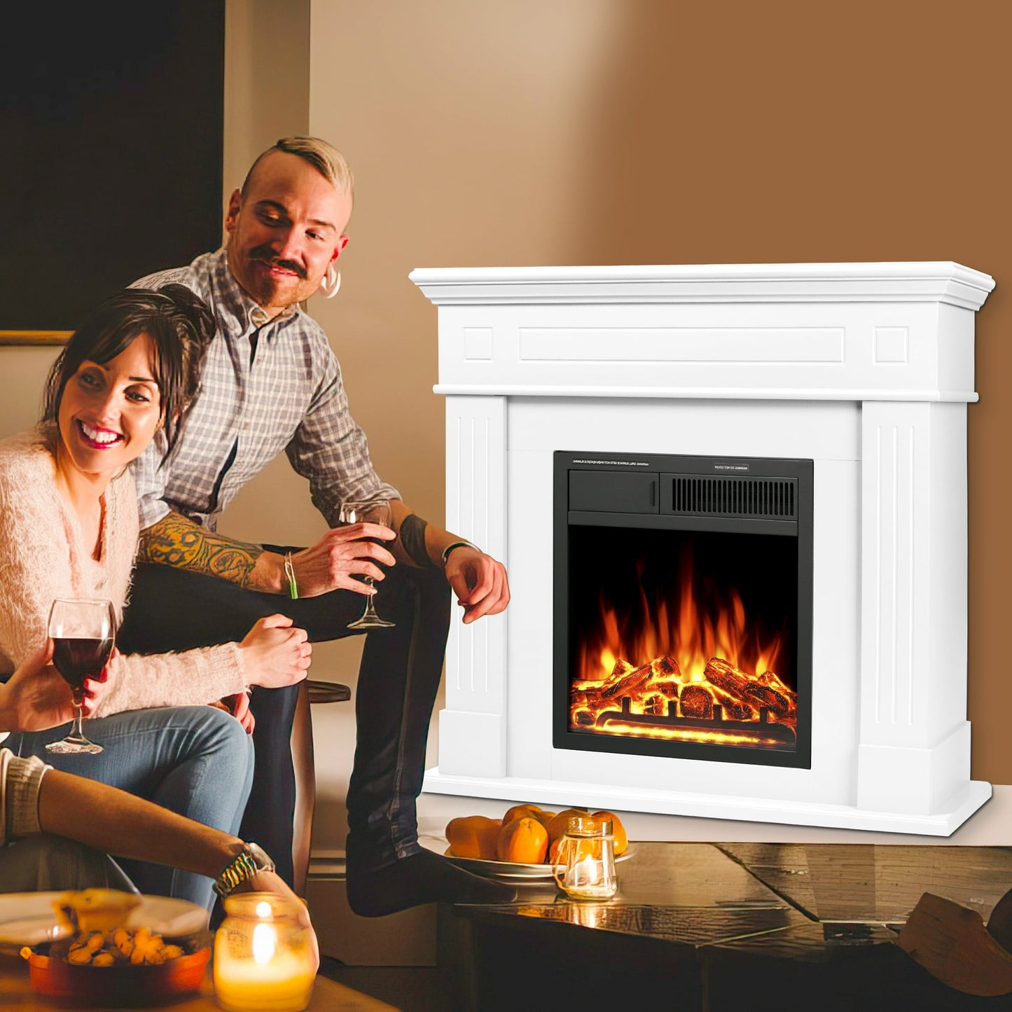 KISSAIR Electric Fireplace Mantel Package Wooden Surround Firebox Electric Fireplace Heater with Logs, Adjustable Led Flame, Remote Control, 750W-1500W, White