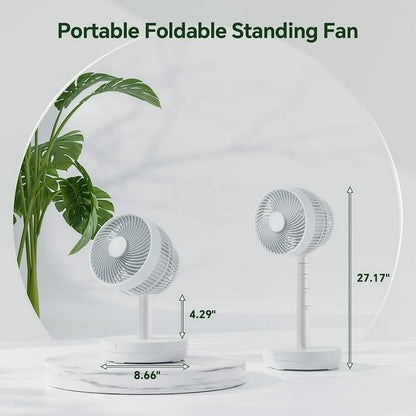 KISSAIR Portable Foldable Pedestal Fan- Rechargeable Battery Folding Standing Table Fan with 10 Speeds with Remote Control for Home Bedroom Office, White