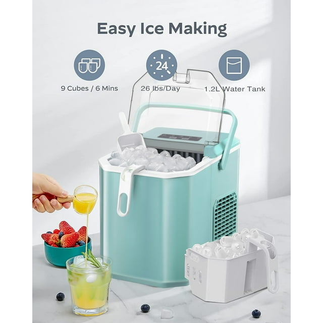 KISSAIR Countertop Ice Maker, Self-cleaning Portable Ice Maker Machine with Handle and Ice Scoop, Bullet Ice Cubes, 9Pcs/8Min 26Lbs/24H for Home/Office/Bar/Party (Green)