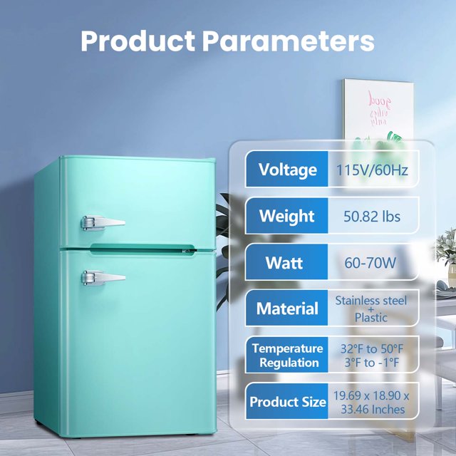 KISSAIR 3.2 Cu.Ft Mini Vintage Refrigerator, Vertical Compact Refrigerator, Adjustable Temperature, 2-door Mini Refrigerator for Home, Office, Dormitory, or RV, Apartment Food Storage Room or Beverage