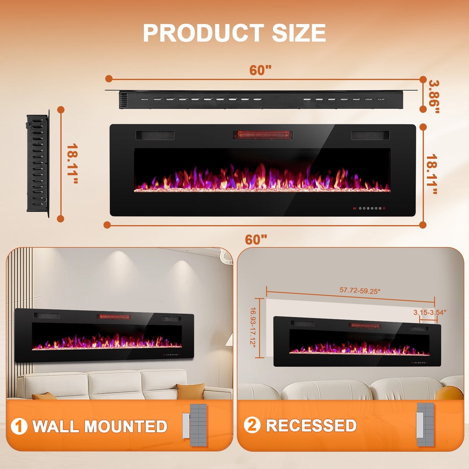 KISSAIR 60” Indoor Electric Fireplace Ultra Thin Fireplace, Wall Mounted Recessed Fireplace with Multiple Colors
