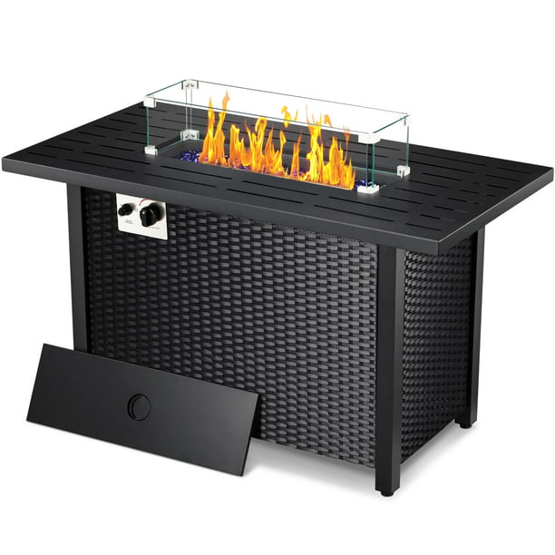 KISSAIR Fire Pit -55 Inch Fire Pits for Outside 50,000 BTU Fire Table Outdoor Gas Fire Pit with Lid, Rain Cover, Tempered Glass Wind Guard for Outside Garden Backyard, Rattan (Black)